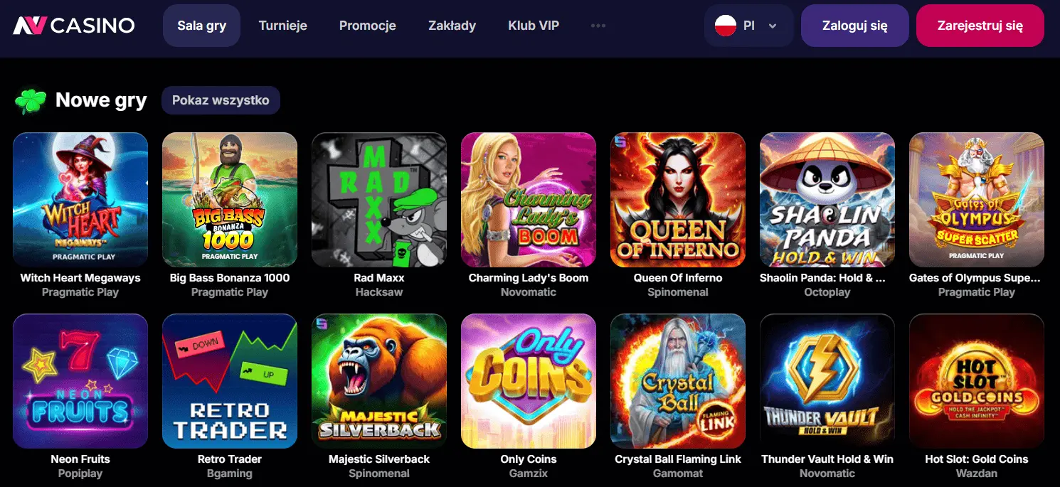Interfejs lobby gier w NV Casino
